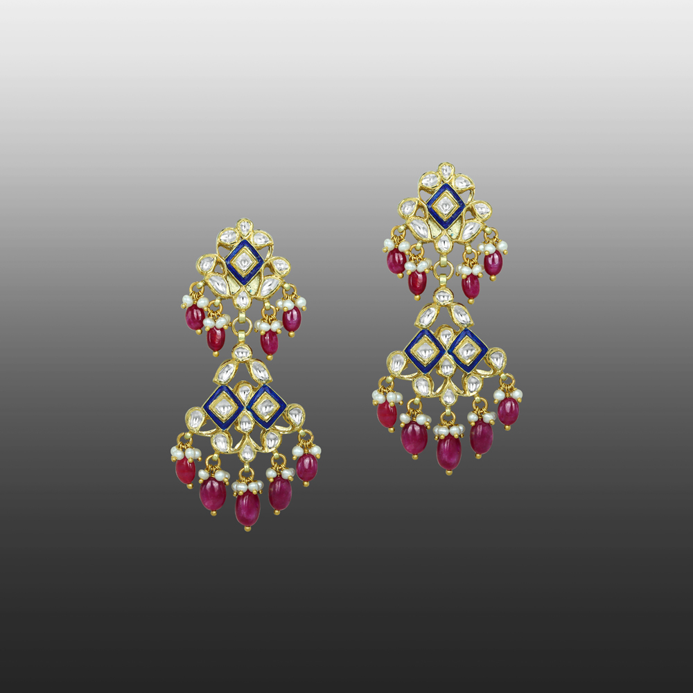 Cascading Polki Earrings with Blue Enamel, Ruby, and Pearls